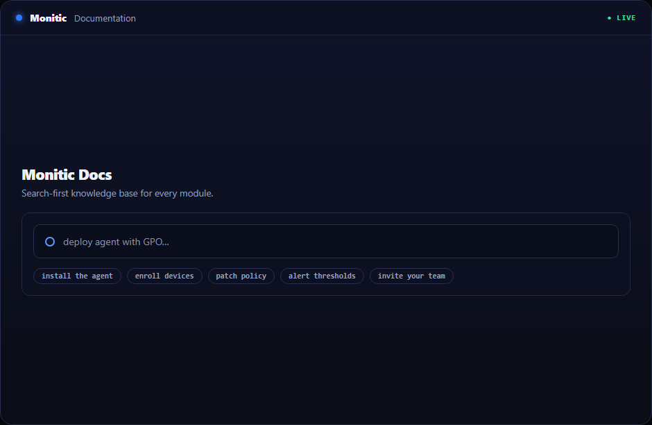 Monitic documentation search box with popular knowledge base searches
