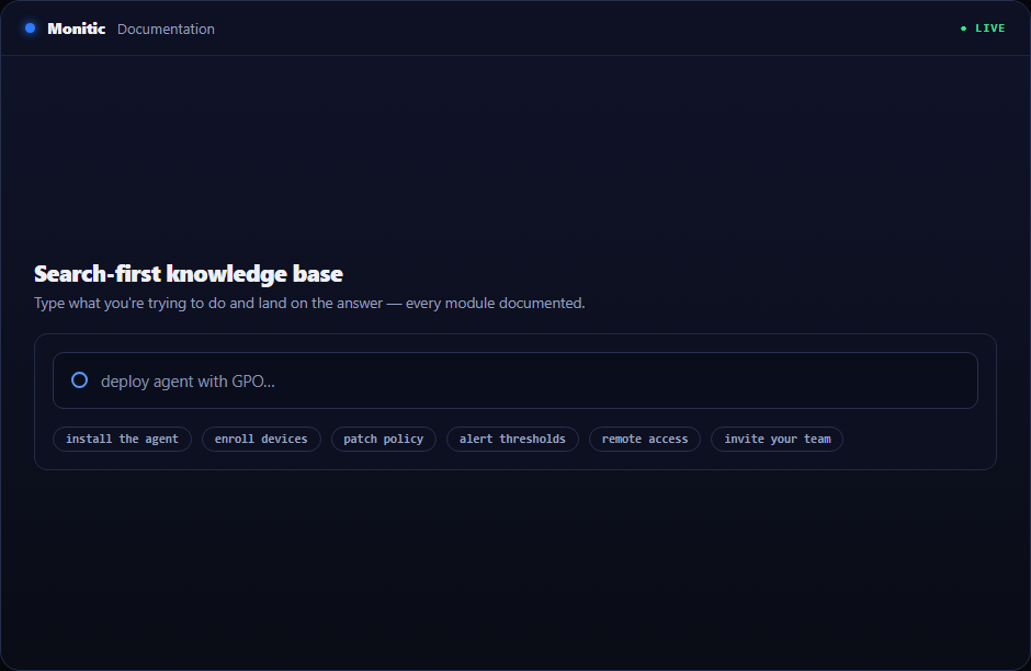 Monitic getting started path: install the agent, enroll devices, set policies, invite your team